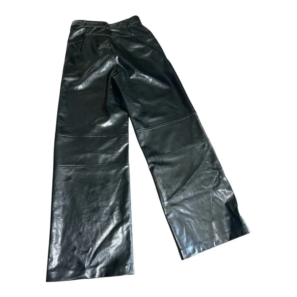 Zara W Black Faux Leather Wide Leg Cut Out Pockets Small Pants Biker Core Rocker